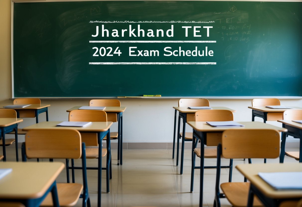 A serene classroom setting with desks, chairs, and a chalkboard displaying the Jharkhand TET 2024 exam schedule