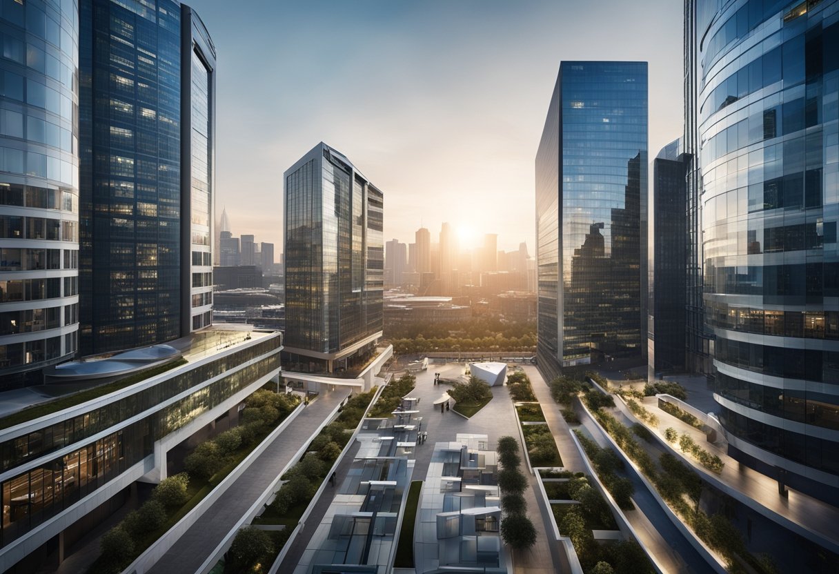 A bustling office environment with large, modern buildings in the background, showcasing the headquarters of the top 10 biggest software development companies in the world