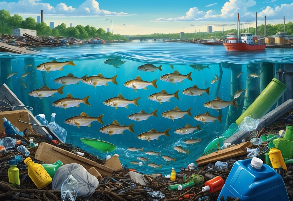 A school of fish swims in a polluted river, surrounded by trash and chemical runoff