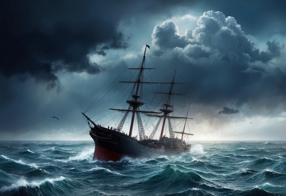 A stormy sea with a sinking ship and dark clouds overhead