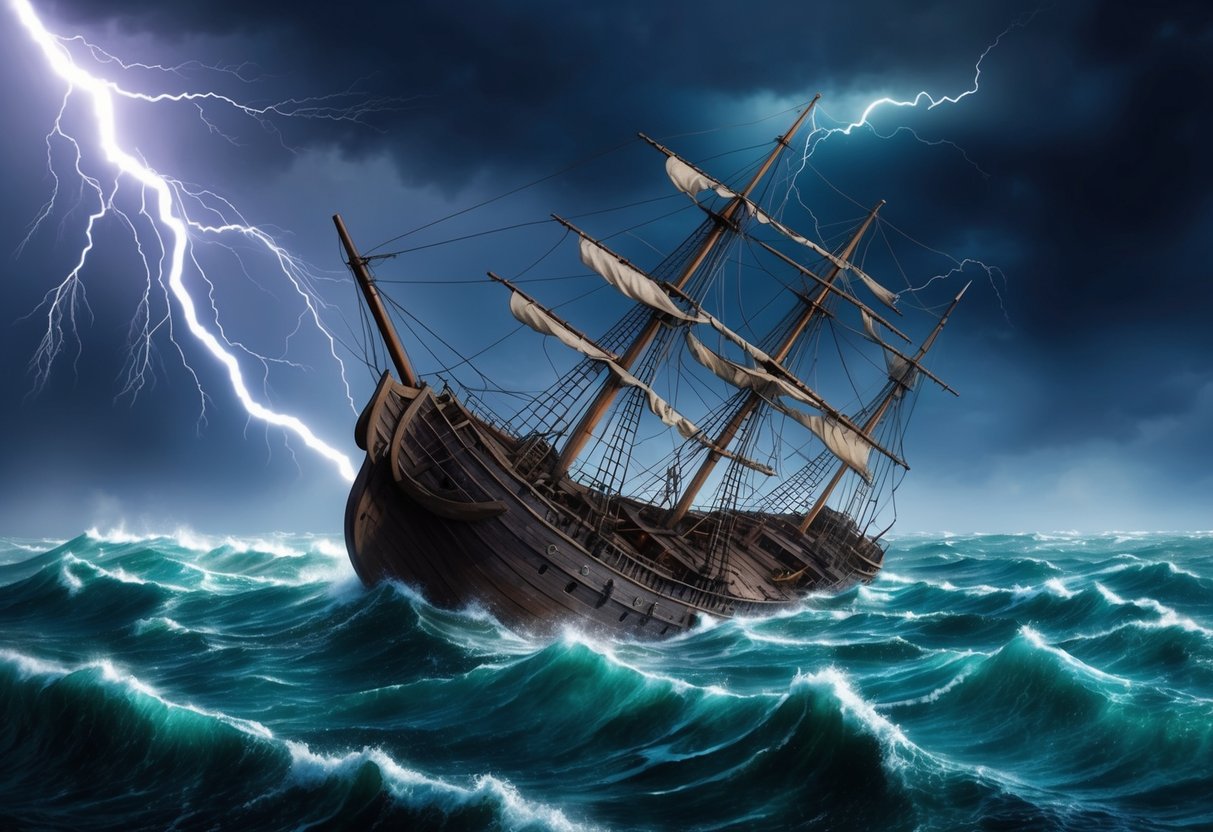 A storm-tossed ship sinks into the dark, churning sea, its mast broken and sails torn.</p><p>Lightning flashes overhead, illuminating the doomed vessel