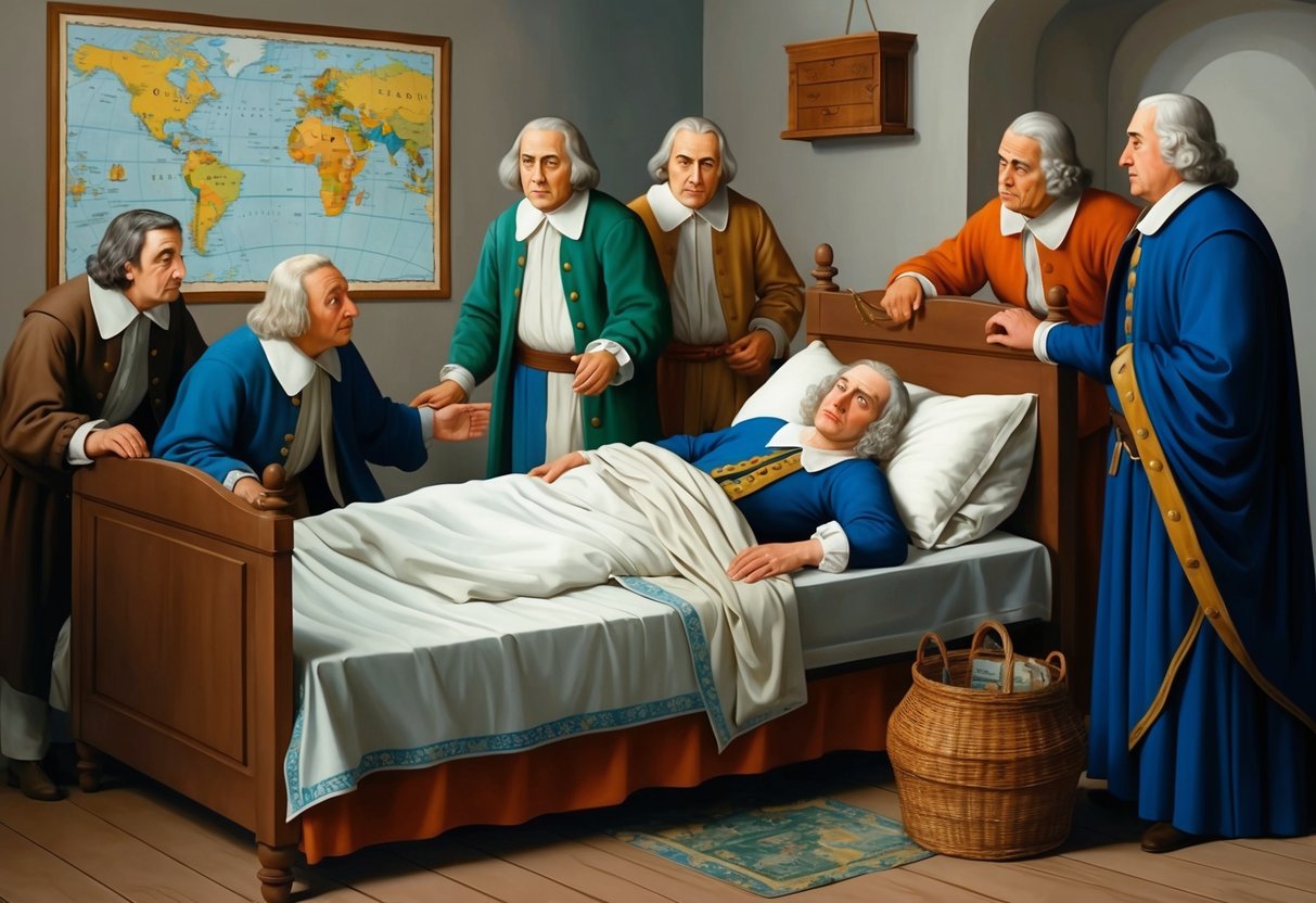 Columbus lying on a bed, surrounded by concerned figures.</p><p>His deteriorating health evident, with a map of the New World on the wall