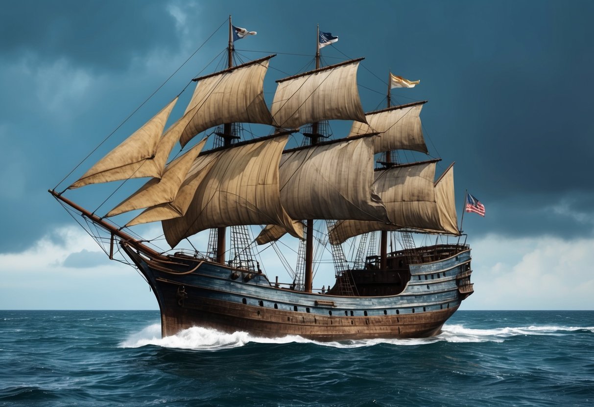 An aging ship at sea, tattered sails and worn wood, under a stormy sky