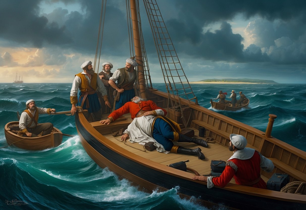 Columbus's final moments: stormy seas, ailing explorer, crew's concern, distant land on the horizon