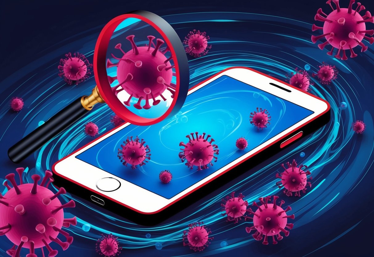 A smartphone surrounded by swirling, ominous virus particles, with a magnifying glass highlighting the threats