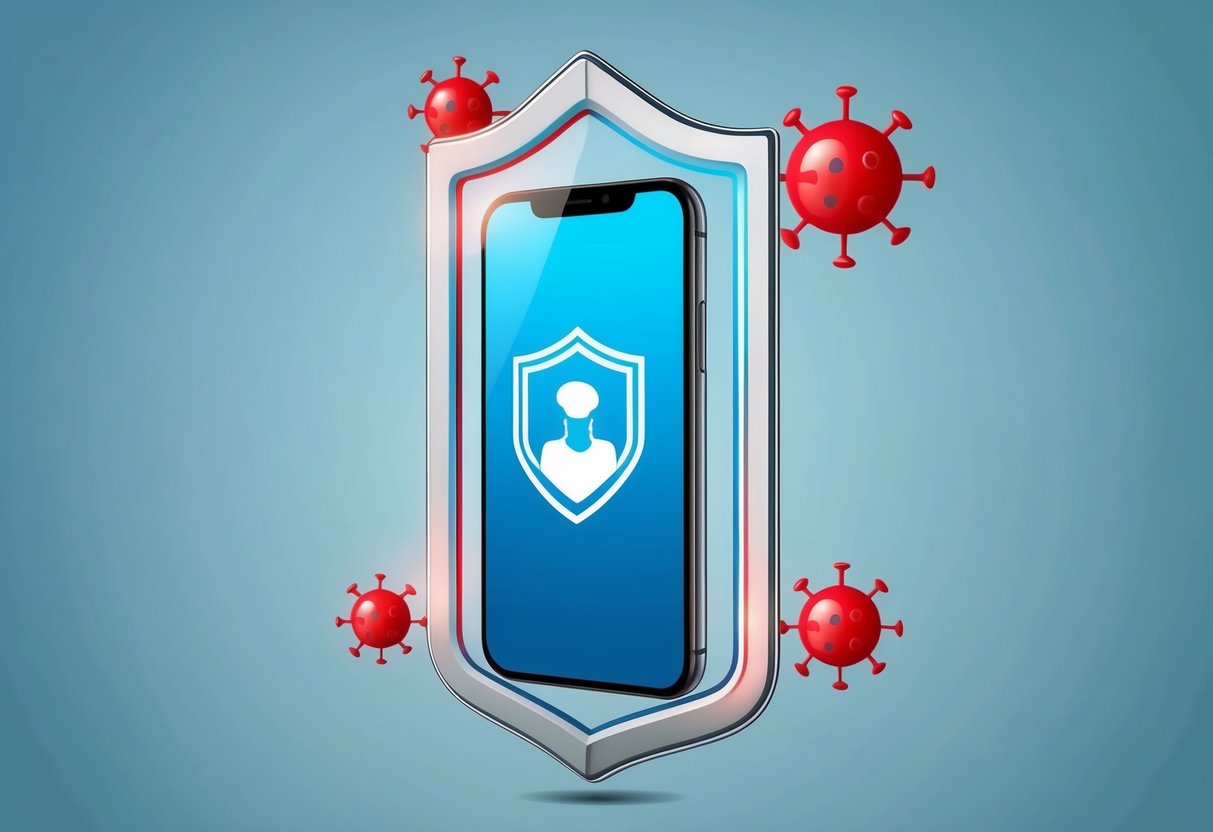 A smartphone surrounded by a protective shield, with a virus symbol being repelled by a barrier