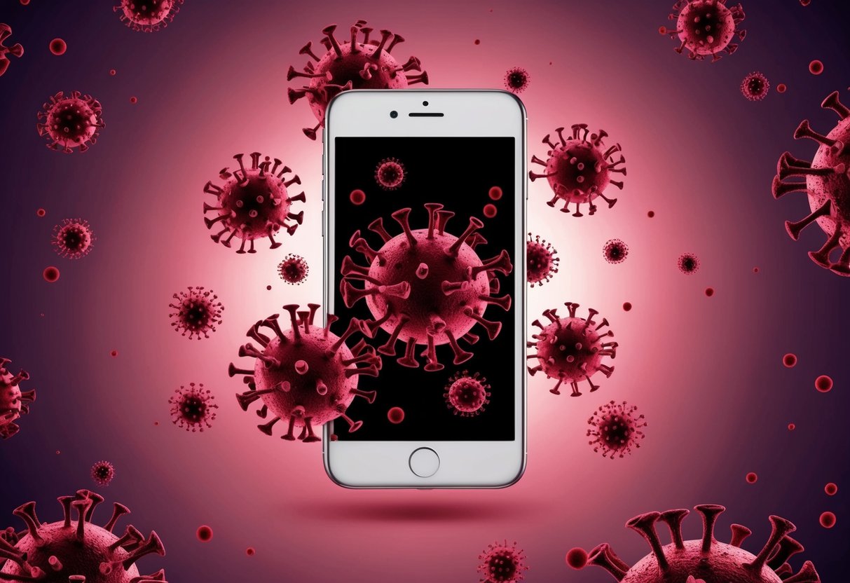 A smartphone surrounded by swirling, ominous virus particles