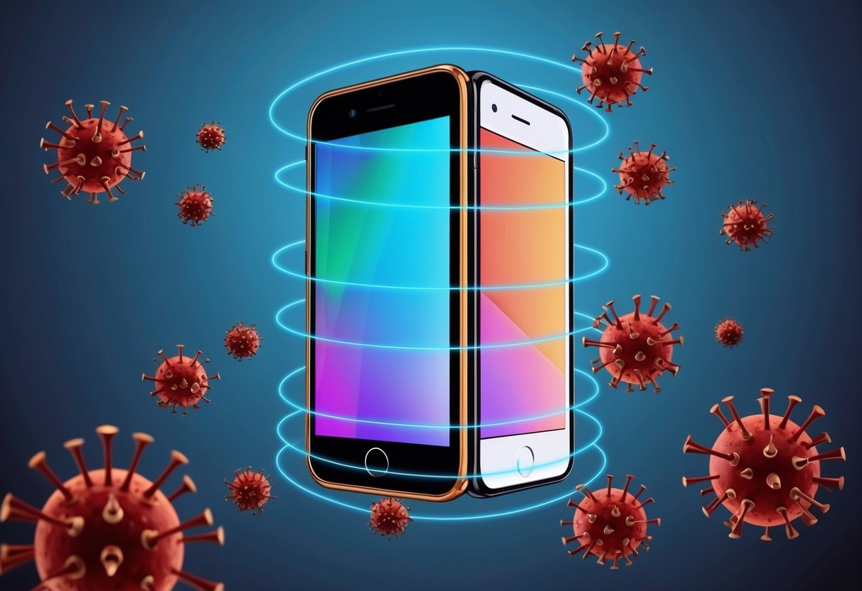 A smartphone surrounded by a force field, with viruses trying to break through