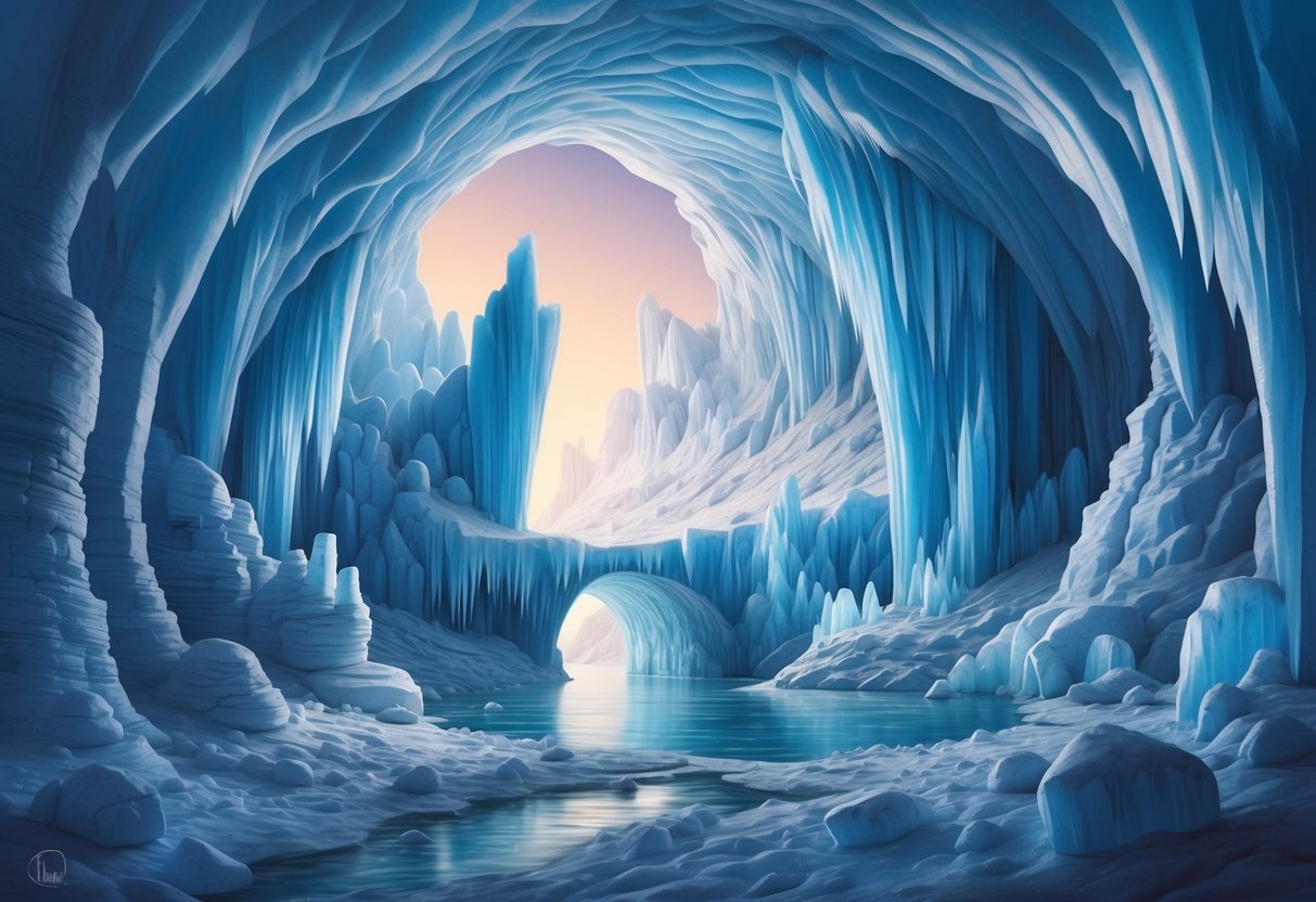 A massive ice cave with towering formations and winding tunnels, illuminated by a soft glow from within