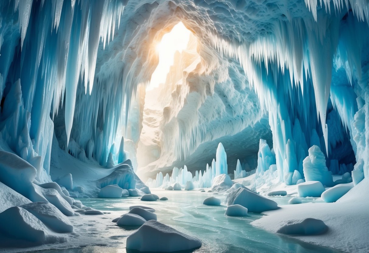 Majestic ice formations fill the expansive Eisriesenwelt cave, illuminated by soft natural light filtering through the icy walls