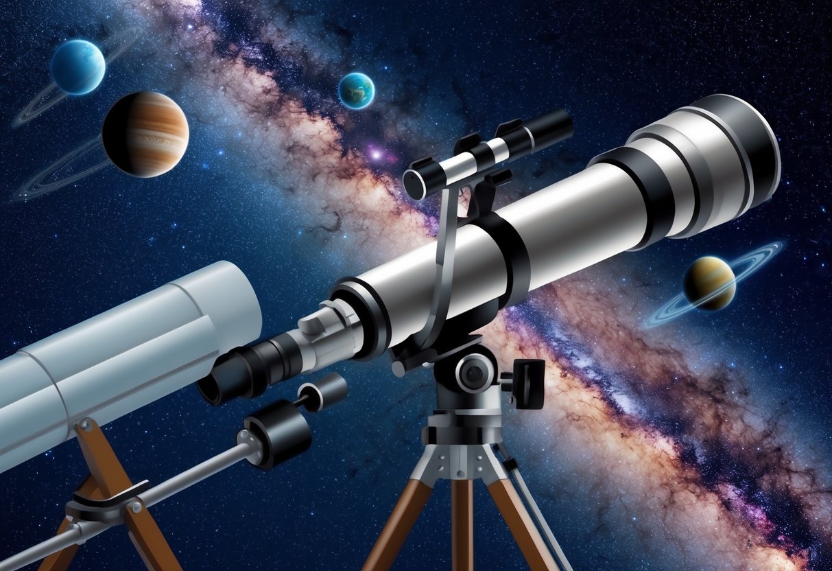 A telescope scanning the Milky Way, with multiple planets orbiting around distant stars