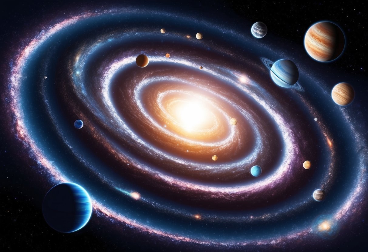 A swirling galaxy with numerous planetary systems, each with a different number of planets orbiting around their respective stars