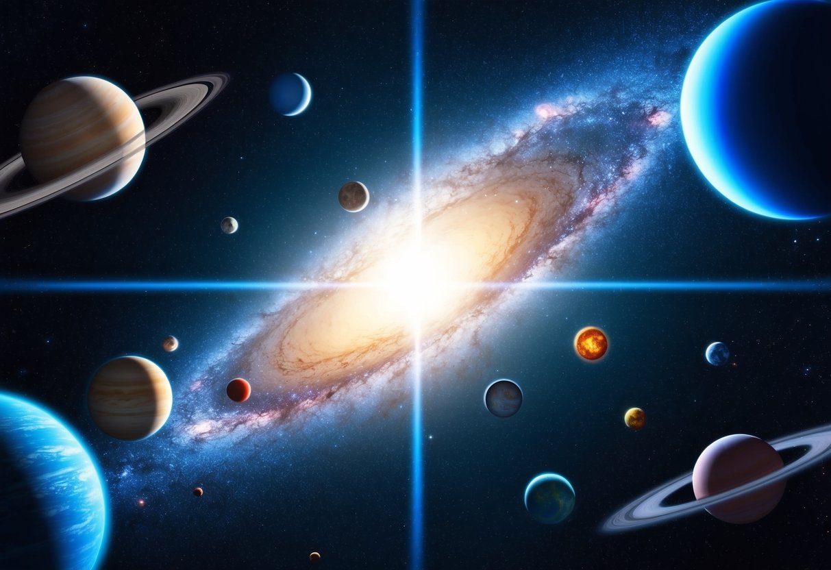 A panoramic view of the Milky Way galaxy with various planets of different sizes and colors orbiting around a bright central star