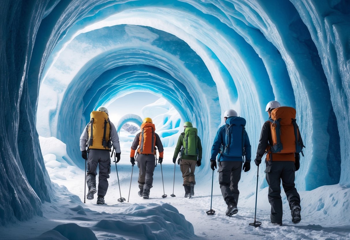 A group of explorers navigate through the icy tunnels of Eisriesenwelt, marveling at the geological formations and learning about the natural processes that created them