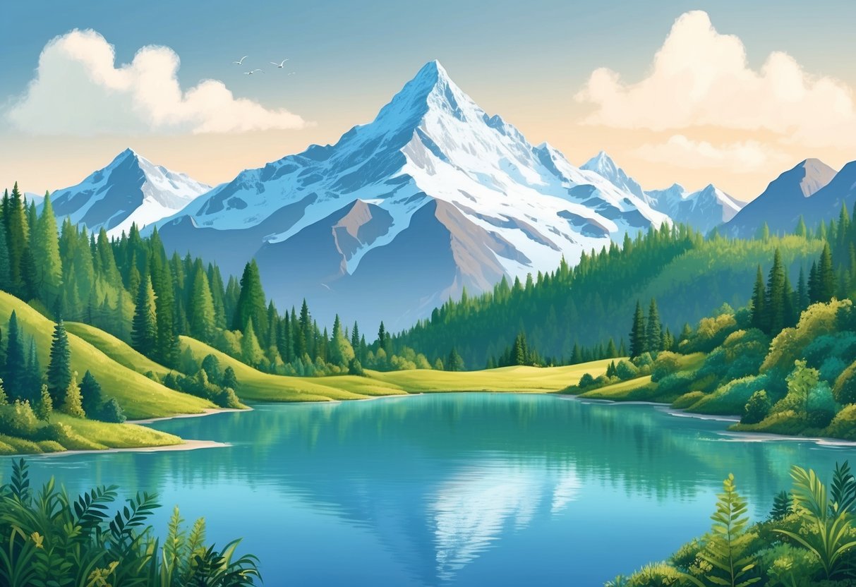 A serene mountain landscape with a crystal-clear lake, lush greenery, and a snow-capped peak in the background, showcasing the harmony between conservation and sustainable tourism