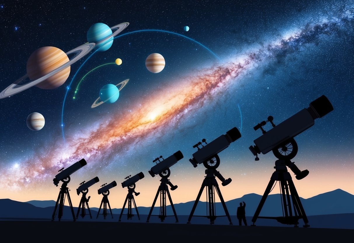 A telescope array scanning the Milky Way, with various exoplanets orbiting distant stars