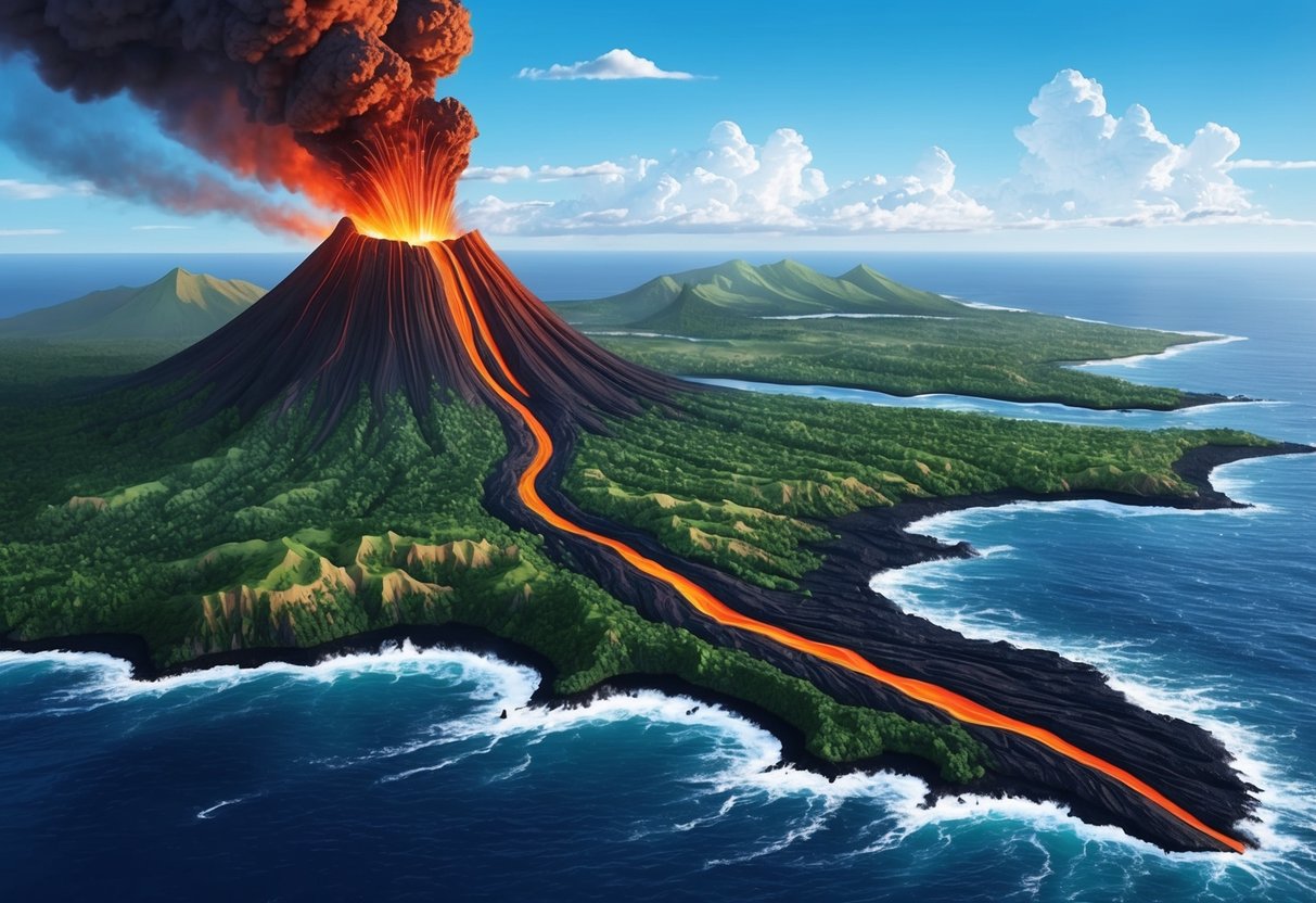 A volcanic eruption creates the Hawaiian Islands, with molten lava flowing into the ocean, forming new land