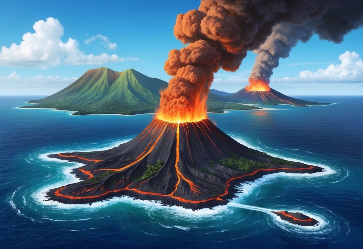 Volcanic eruptions creating the Hawaiian Islands, with molten lava flowing into the ocean and forming new land masses