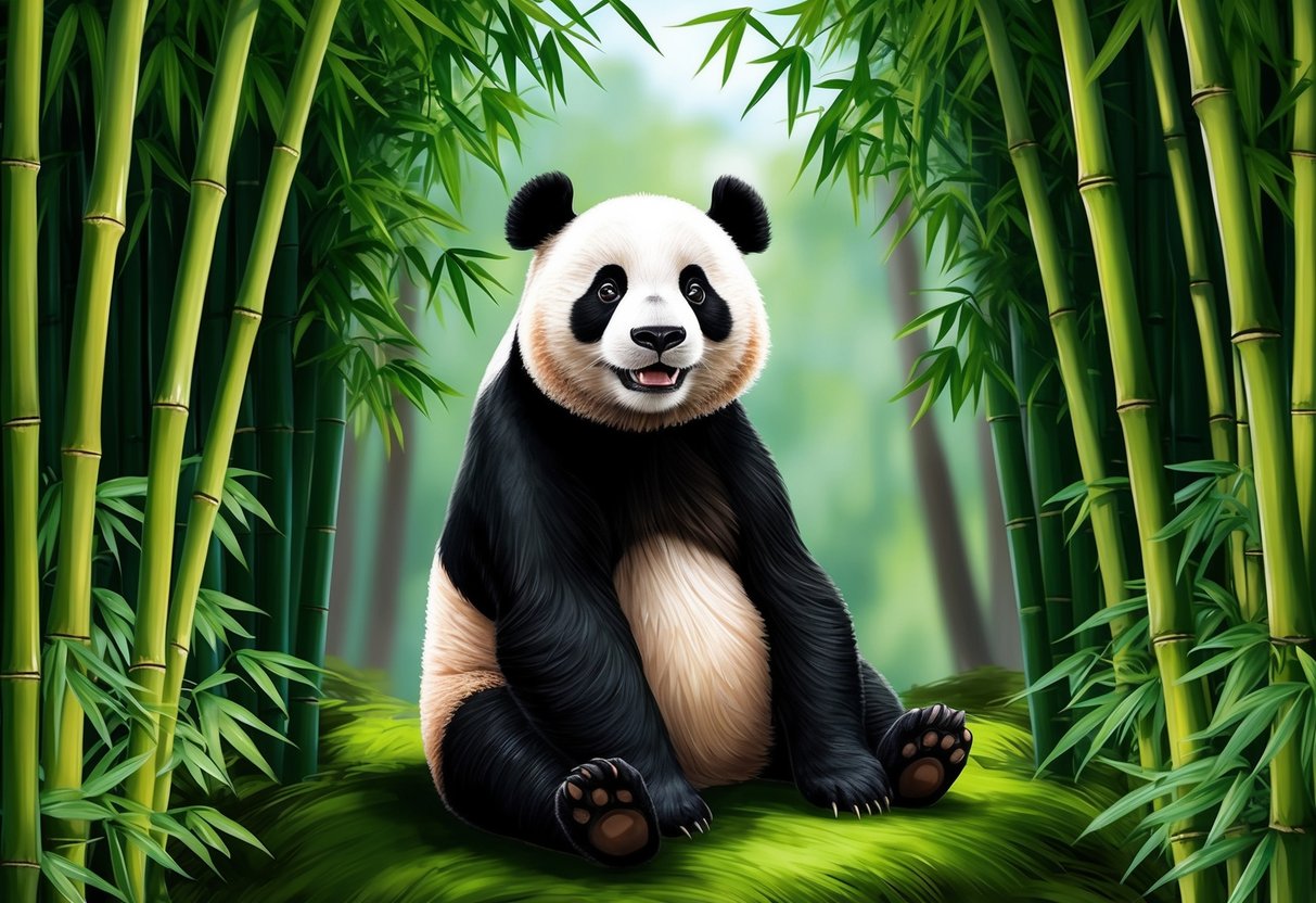 A panda sitting in a lush bamboo forest, looking up with curious eyes