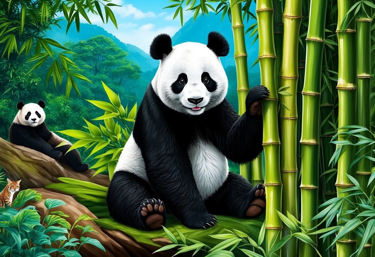 A panda sits among bamboo in a lush forest, surrounded by other flora and fauna