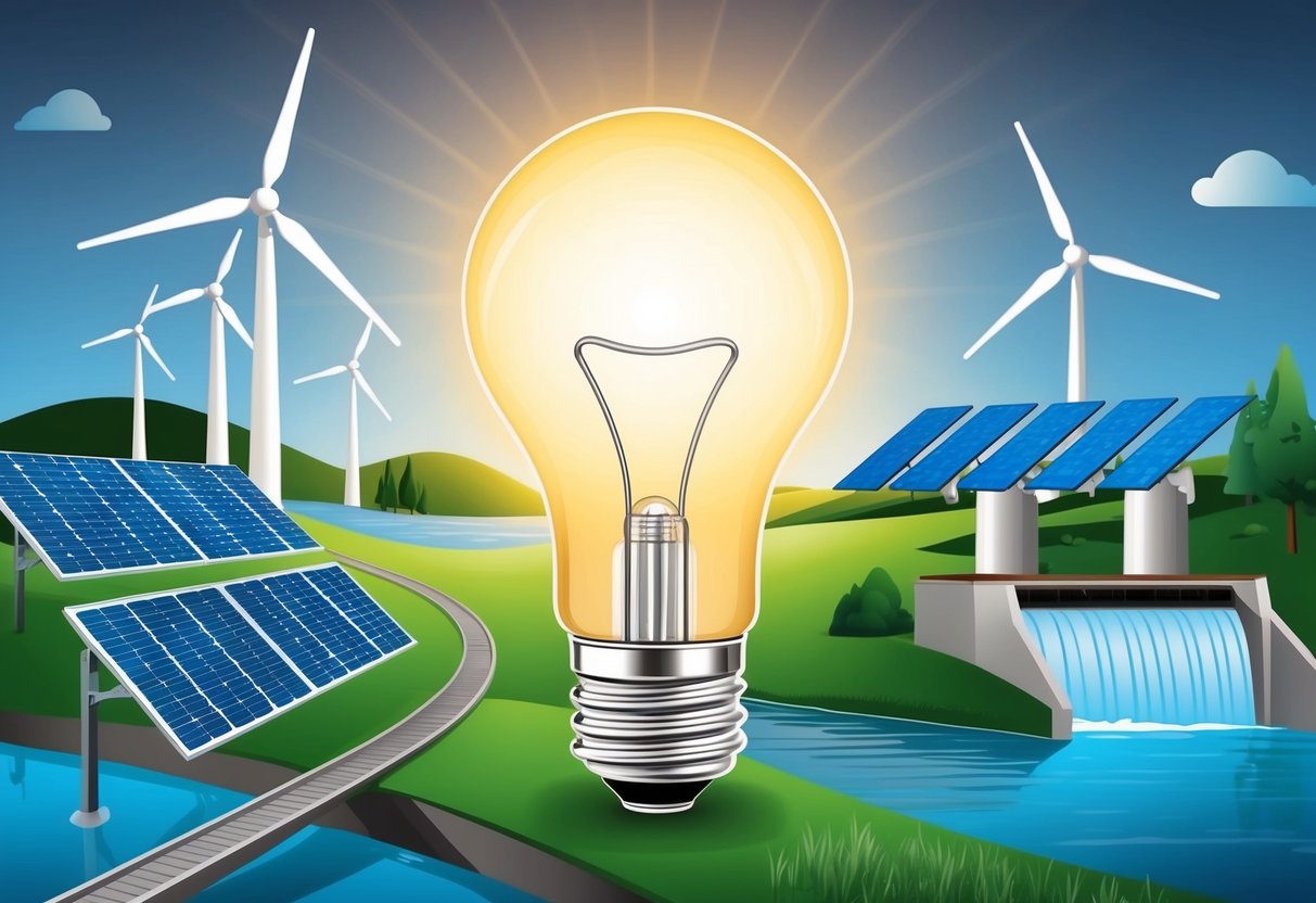 A light bulb emits a soft glow, surrounded by various energy sources such as wind turbines, solar panels, and water dams