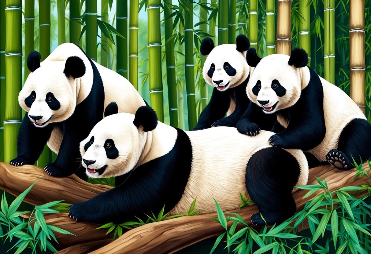 A panda lounges in a lush bamboo forest, surrounded by other pandas