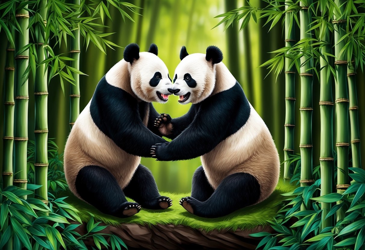 A panda bear mating ritual in a lush bamboo forest