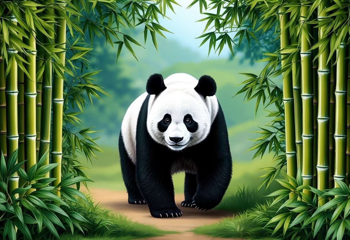 A panda walking through a bamboo forest, surrounded by lush greenery and serene surroundings