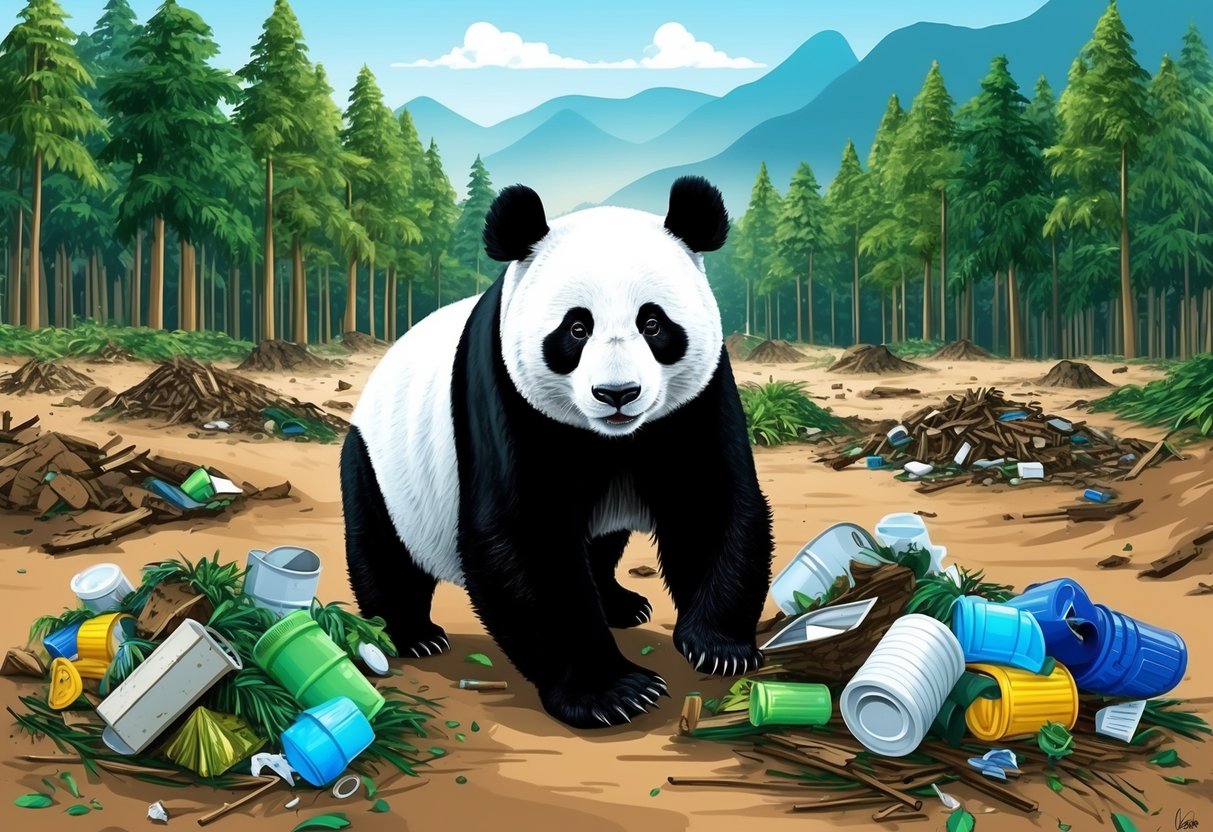 A panda bear surrounded by deforested land and discarded human waste, highlighting the impact of human activity on their natural habitat