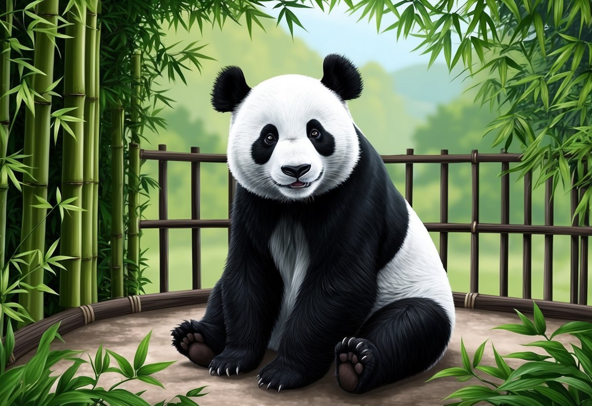 A panda sits in a spacious enclosure, surrounded by lush greenery and bamboo.</p><p>It gazes out with curious eyes, its black and white fur contrasting against the natural setting