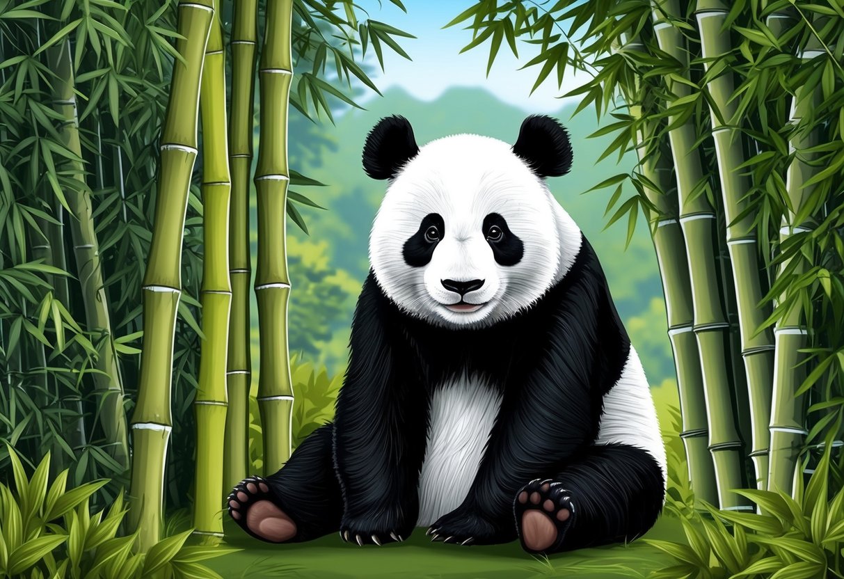 A panda with distinctive black and white fur, sitting among bamboo trees in a lush forest