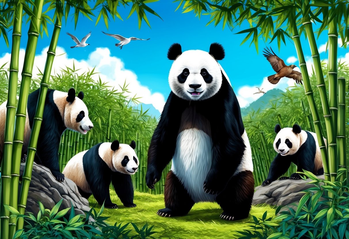 A panda bear standing in a lush bamboo forest, surrounded by other wildlife and clear blue skies