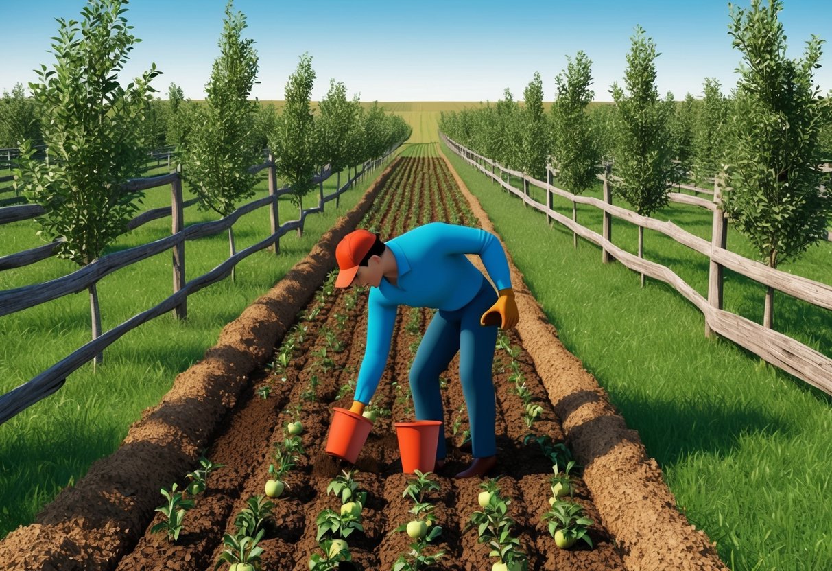 A figure planting apple seeds in a vast open field, surrounded by rows of young apple trees and a rustic wooden fence