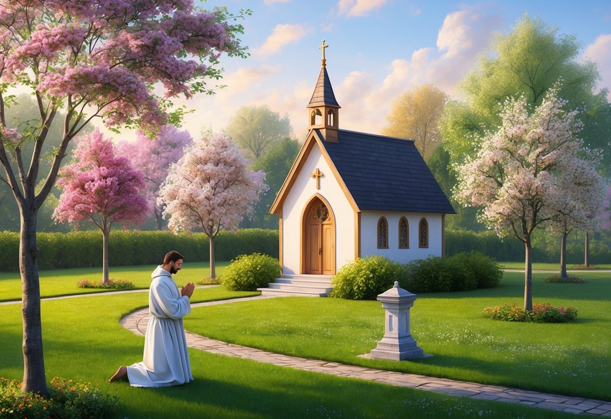 A peaceful garden with a small chapel, surrounded by blooming apple trees and a figure kneeling in prayer