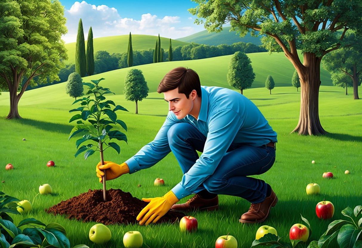 A young man planting apple seeds in a lush, open field surrounded by tall trees and rolling hills