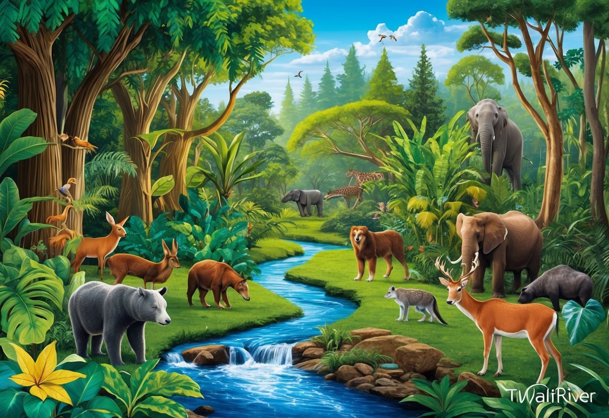 A lush forest with diverse plant life, a flowing river, and a variety of animals coexisting in harmony