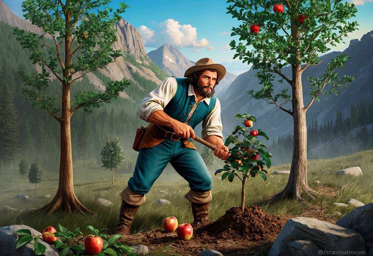 Johnny Appleseed planting apple trees in a rugged, untamed wilderness, facing economic hardships but determined to build a prosperous future