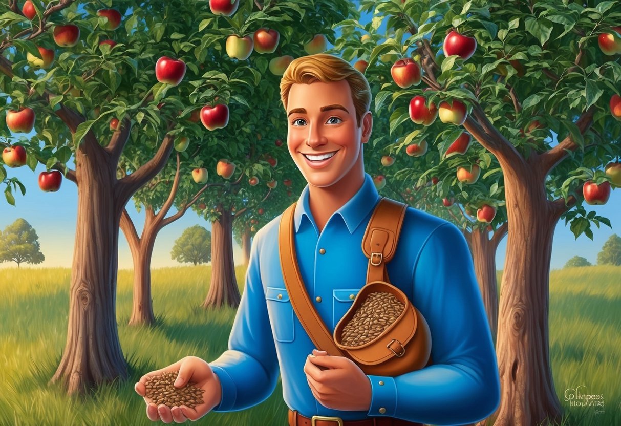 A smiling figure surrounded by apple trees, with a satchel of seeds and a friendly demeanor