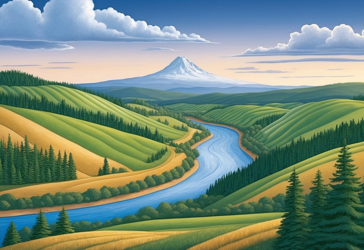 Rolling hills, pine forests, and a winding river in Oregon's Willamette Valley.</p><p>Mt.</p><p>Hood looms in the distance