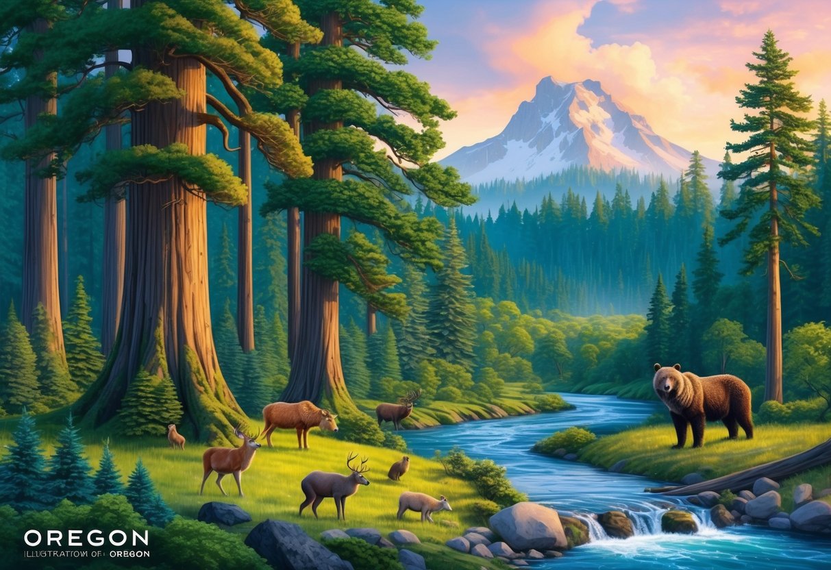 A lush forest with towering pine trees, a flowing river, and a diverse array of wildlife, representing the rich natural culture and population of Oregon