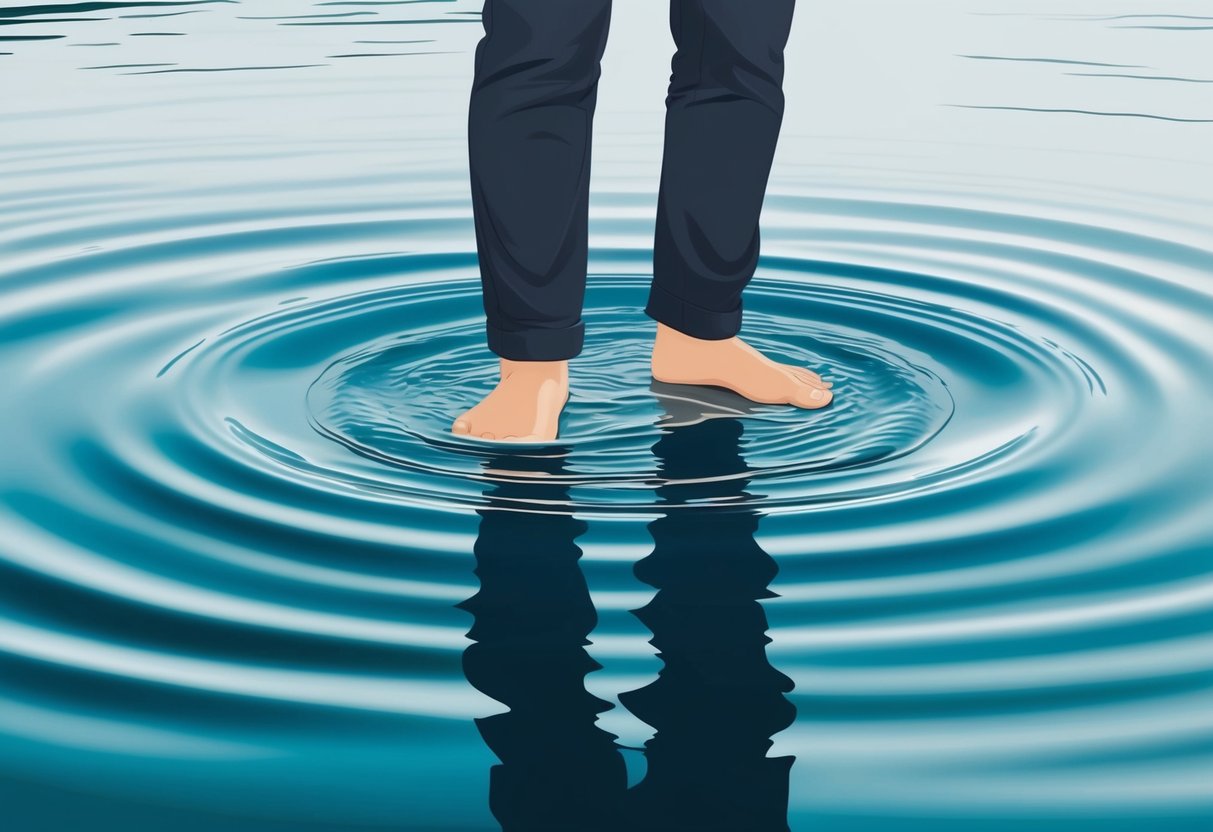 A person standing on the surface of a calm body of water, with ripples spreading out from their feet