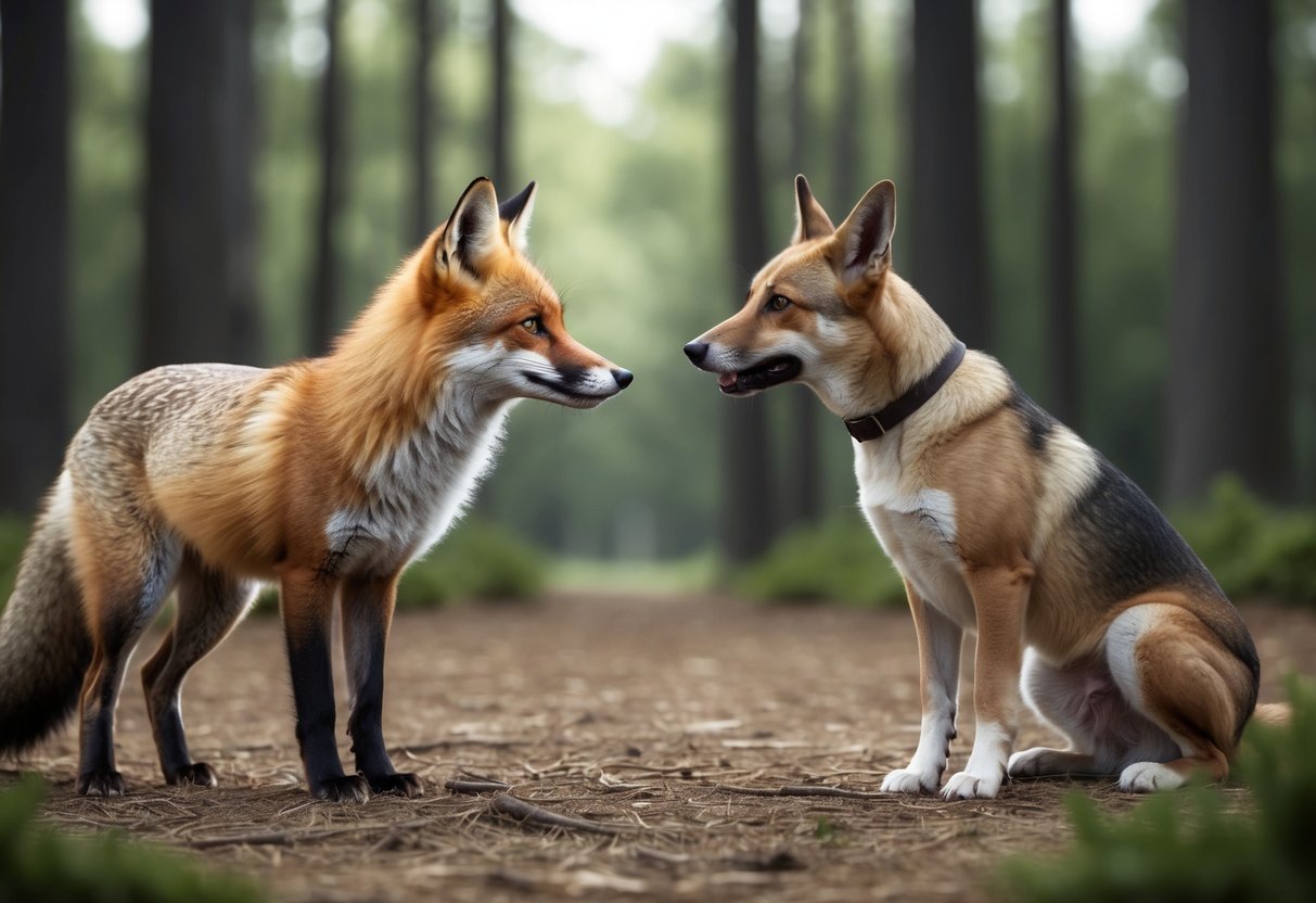 A fox and a dog stand face to face in a forest clearing, their eyes locked in a moment of mutual curiosity and understanding