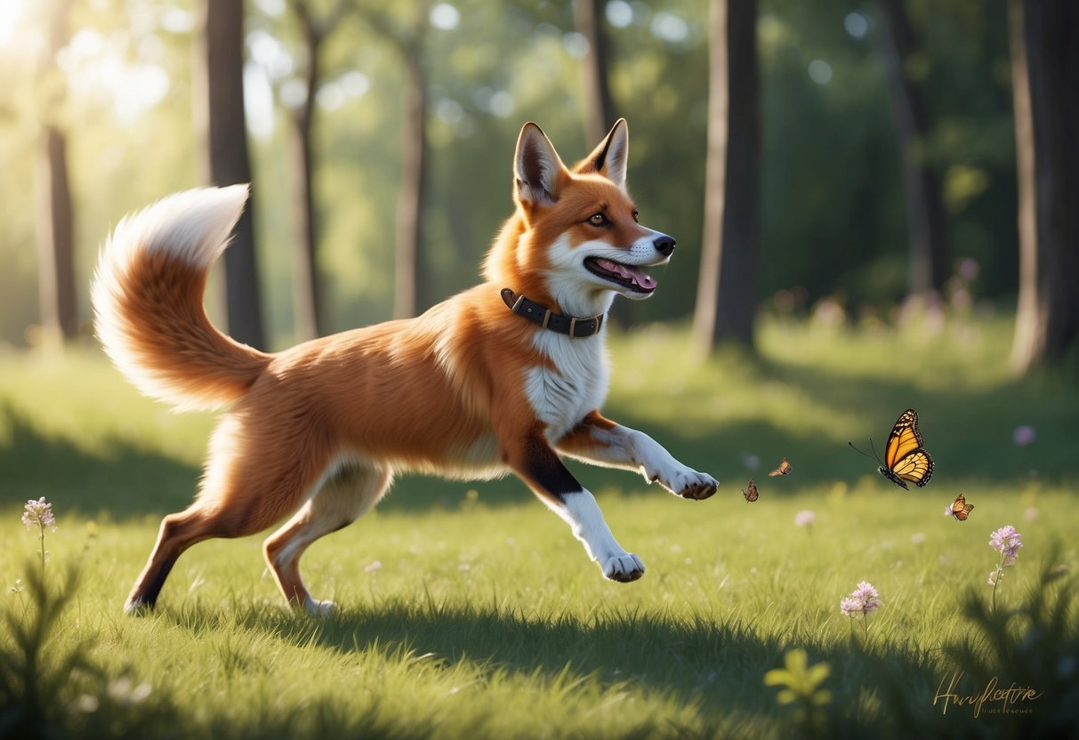 A fox-dog hybrid with a bushy tail and pointy ears, playfully chasing a butterfly through a sun-dappled forest clearing