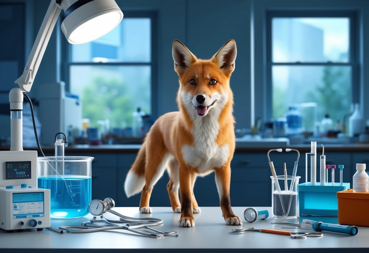 A fox-dog hybrid stands in a laboratory, surrounded by scientific equipment and veterinary tools