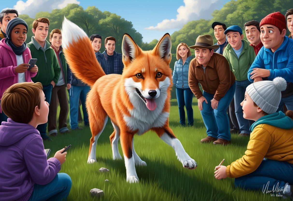 A fox-dog hybrid creature is surrounded by curious onlookers, representing the cultural impact and public interest in this unique animal