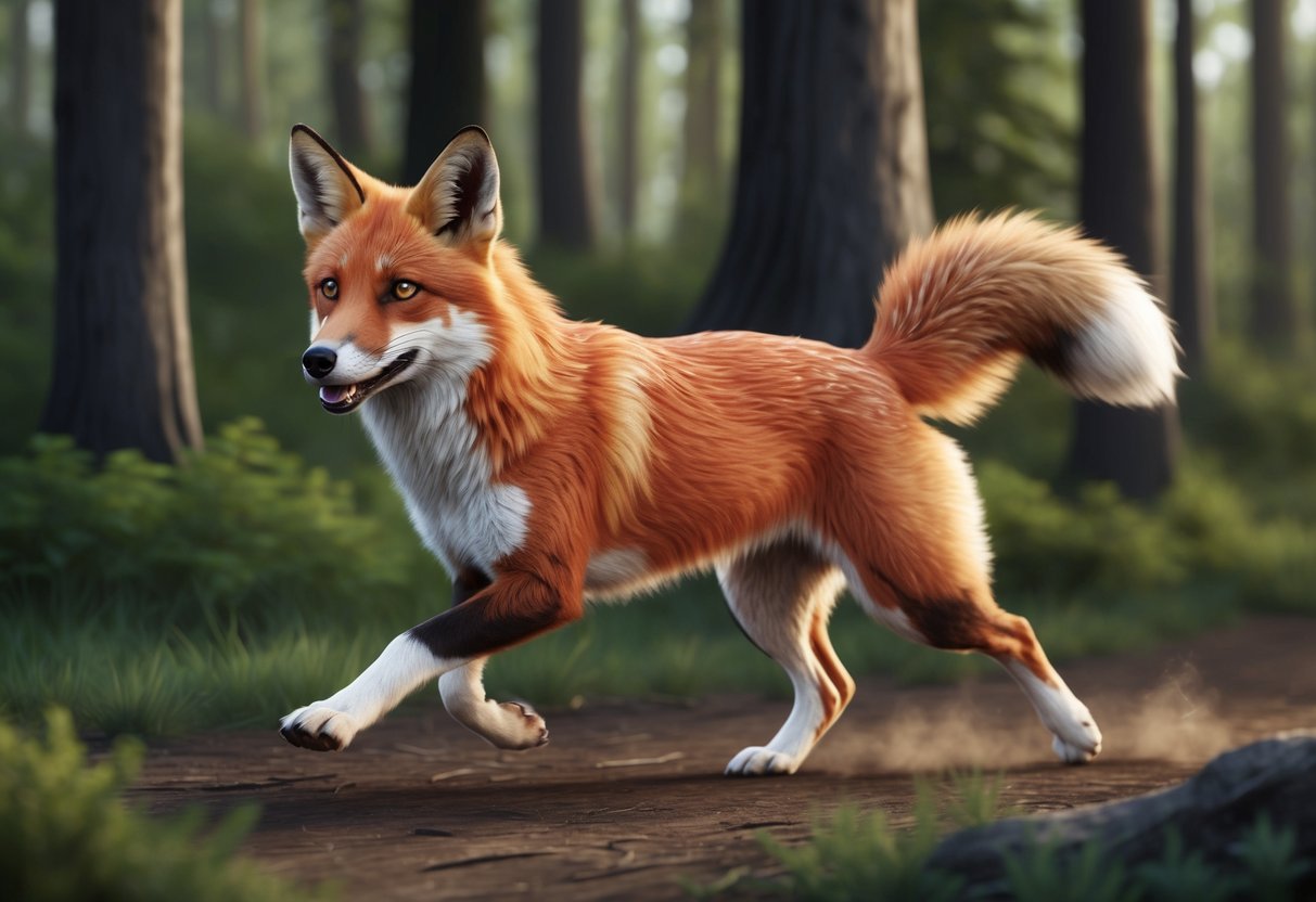 A fox-dog hybrid roams through a forest, blending the features of both animals with a mix of red and brown fur, pointed ears, and a bushy tail