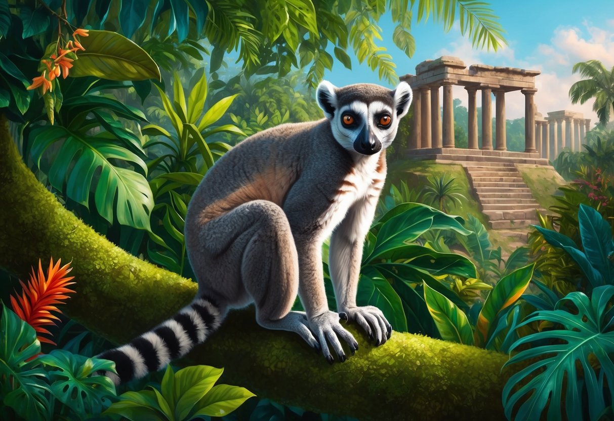 A lemur perched in a lush jungle, surrounded by vibrant flora and fauna, with ancient ruins in the background