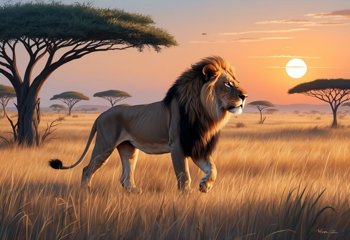 A lion roams the savanna, surrounded by tall grass and acacia trees, with the sun setting in the distance