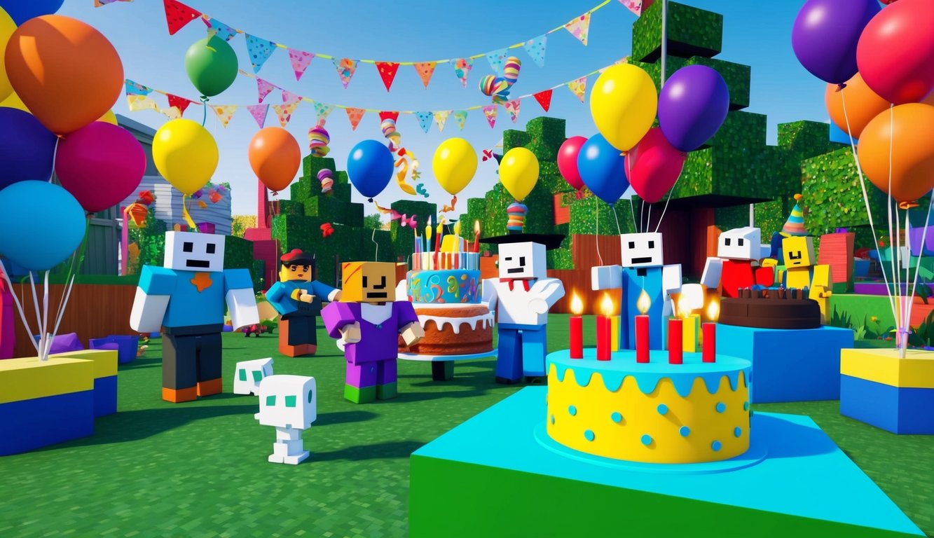 A colorful virtual birthday party in Roblox, with balloons, cake, and decorations, hosted in a virtual world with avatars interacting and celebrating