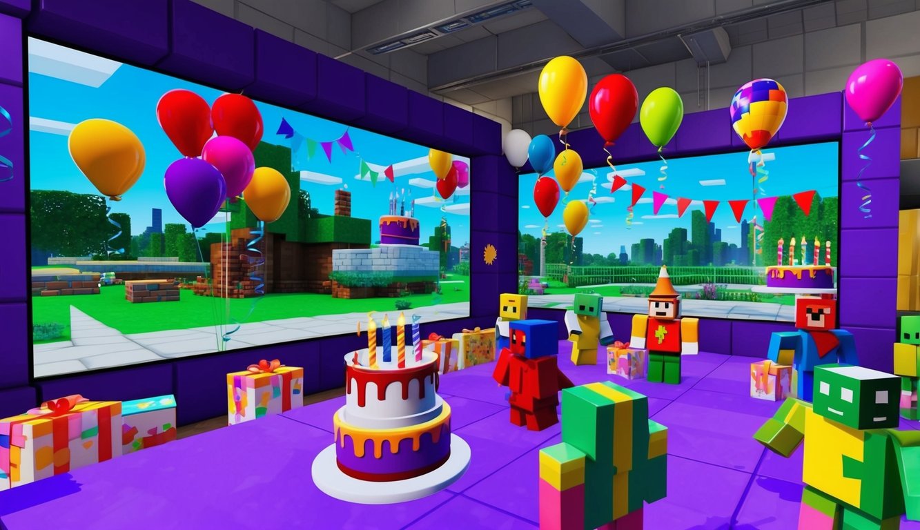 A colorful virtual birthday party scene on Roblox with balloons, cake, and decorations, set up in a digital space